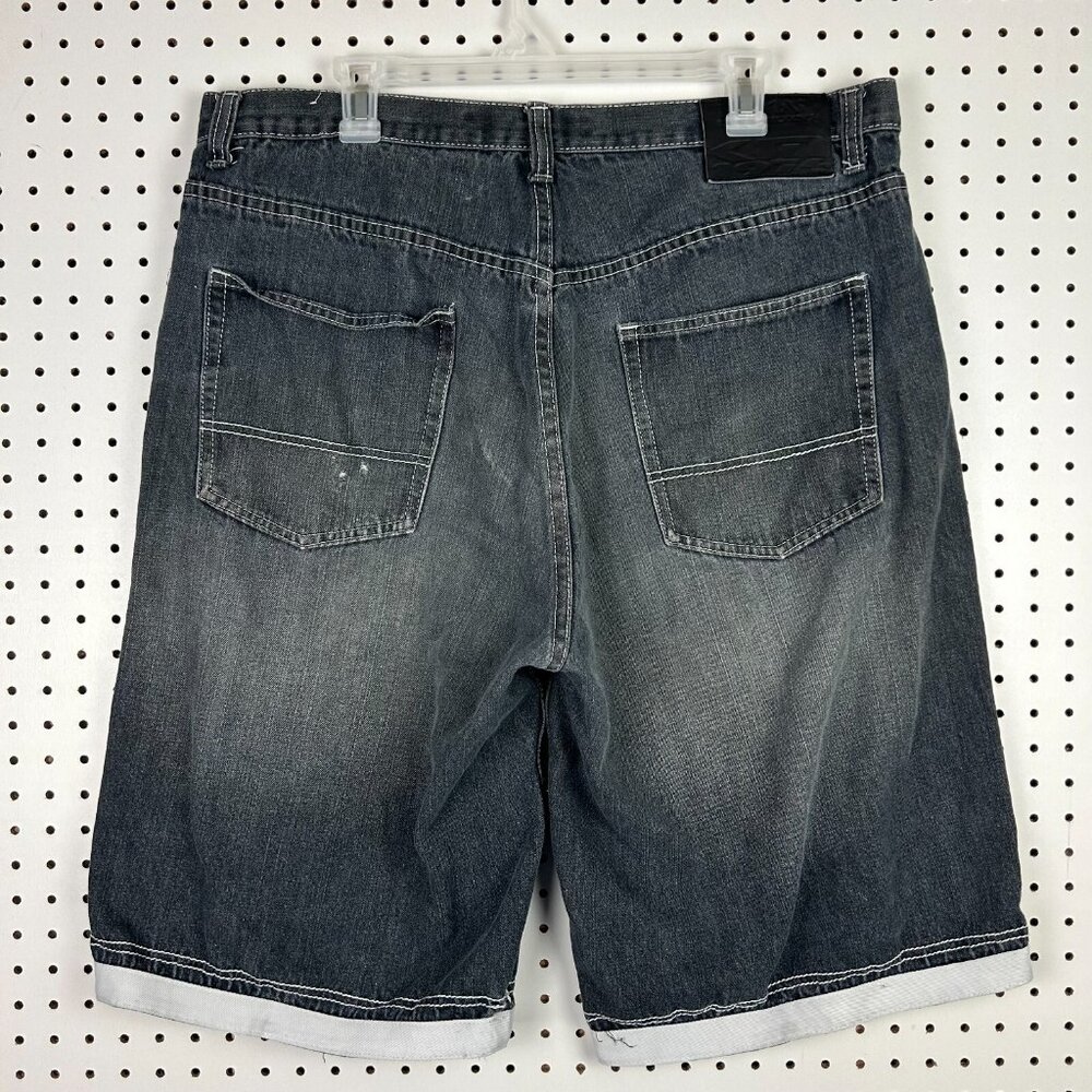 Koman‎ Black Goth Baggy Jean Shorts Sz 38 Jorts Wide Leg Skate Y2K Grunge Punk